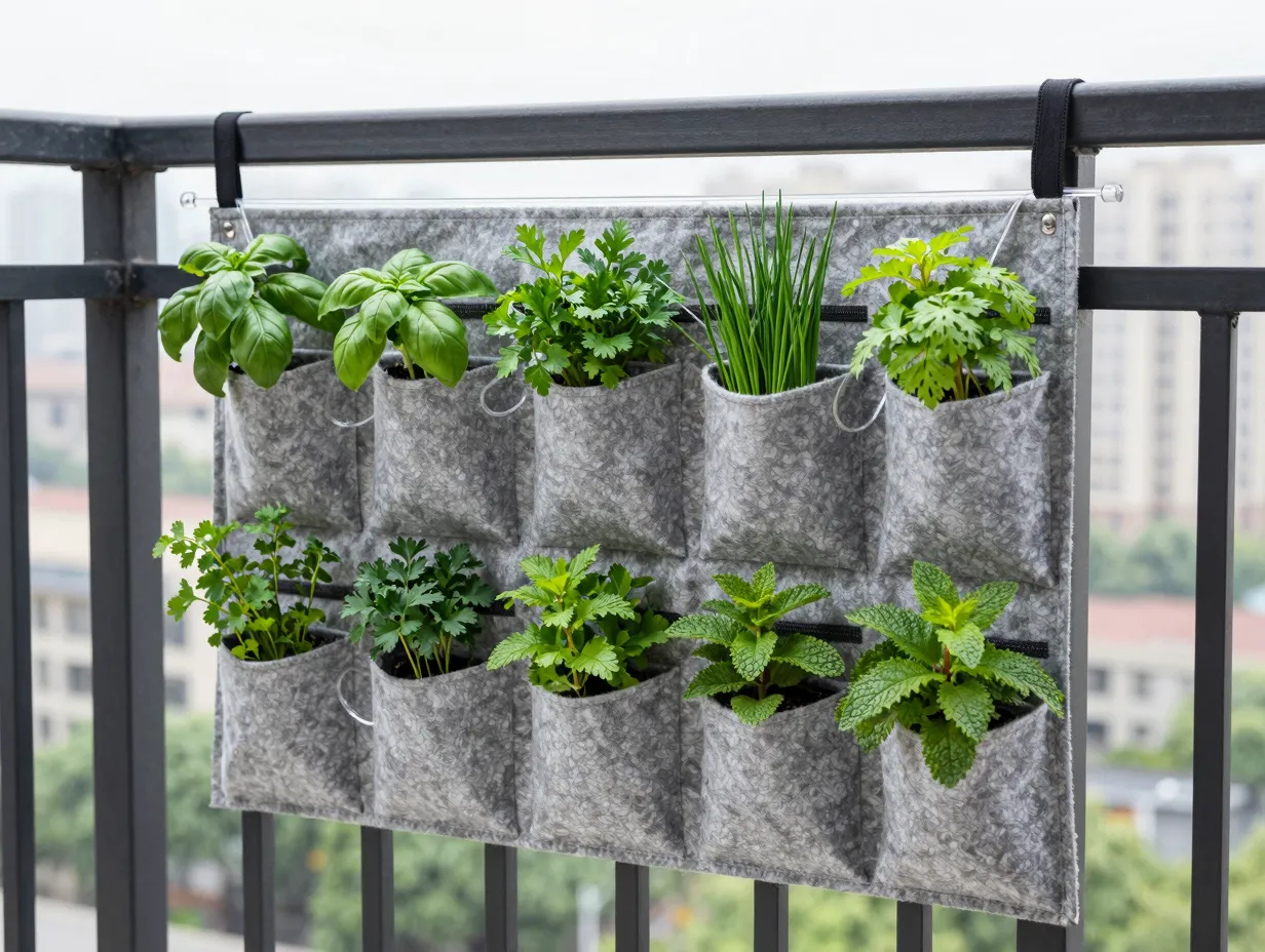 Install fabric pocket planters on your railing or wall