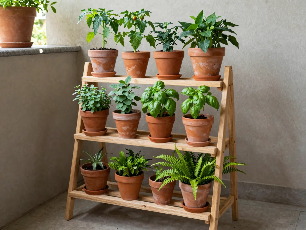 Use tiered shelf planters to layer your floor space