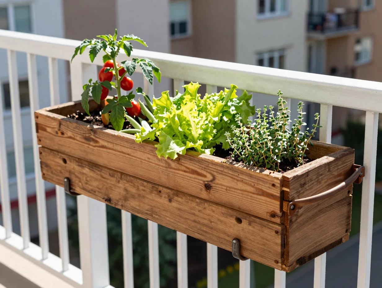 Mount railing planter boxes for edible crops