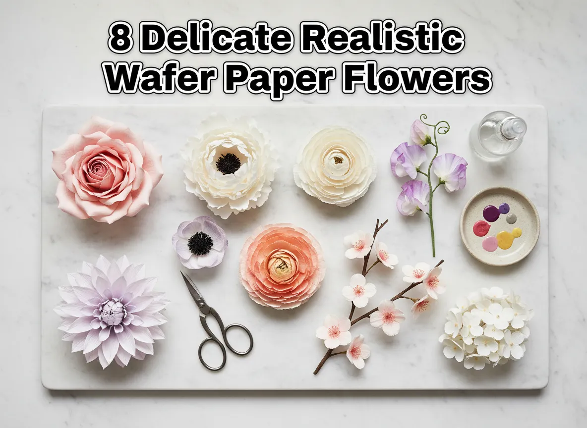 8 delicate realistic wafer paper flowers