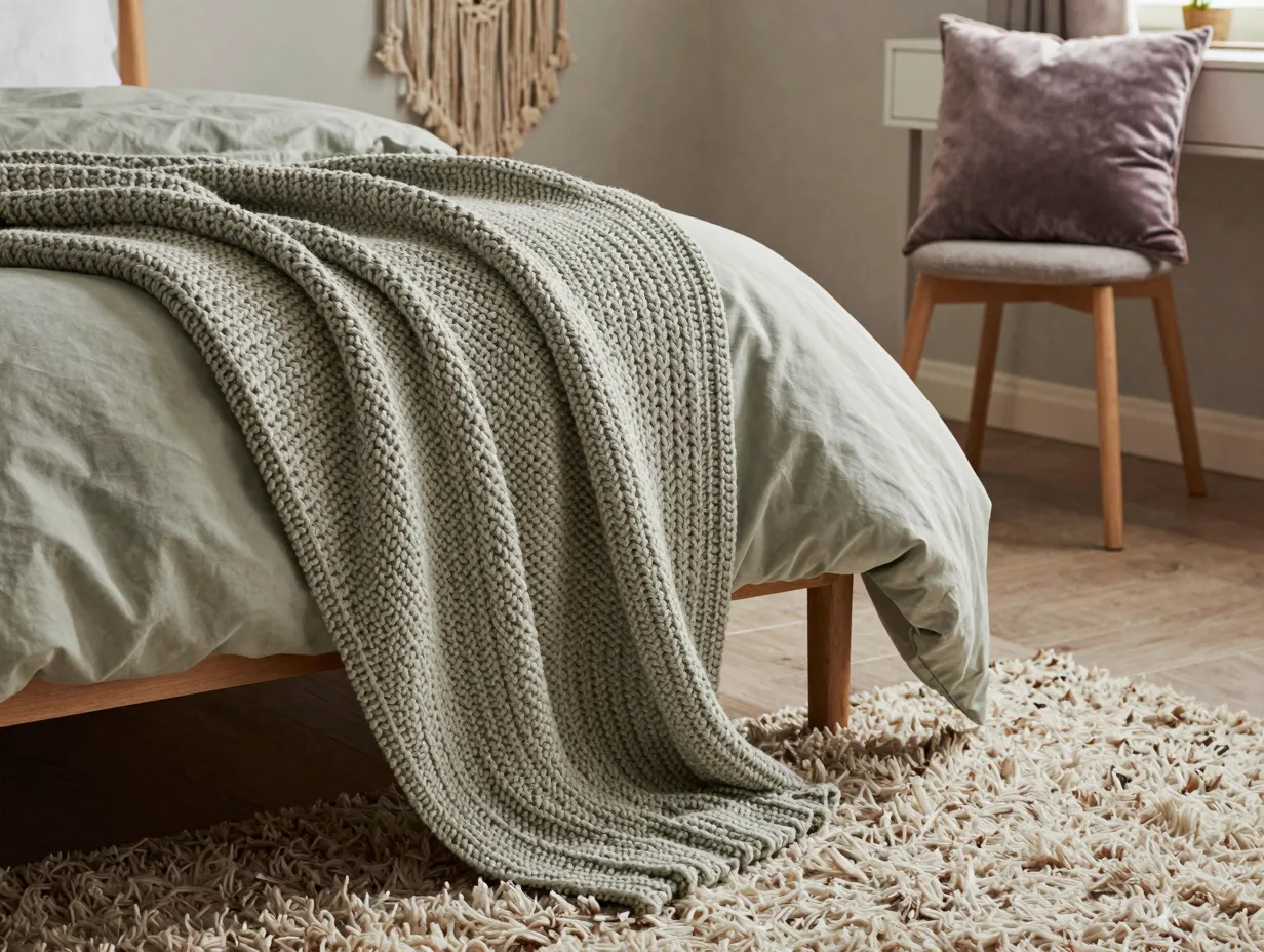 Add texture through bedding rugs and throws