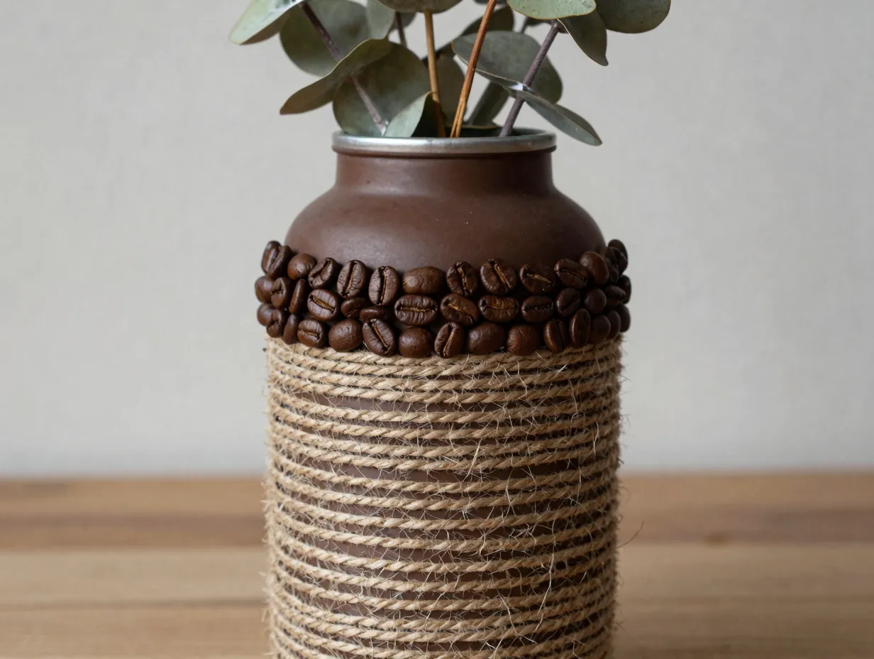 Coffee bean and twine tin can vase