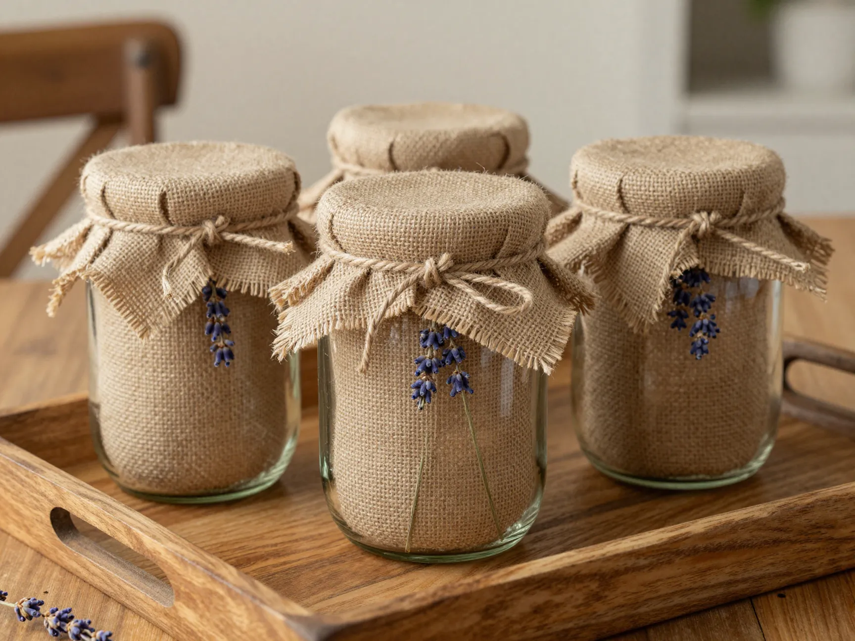 Burlap and twine glass jar centerpiece