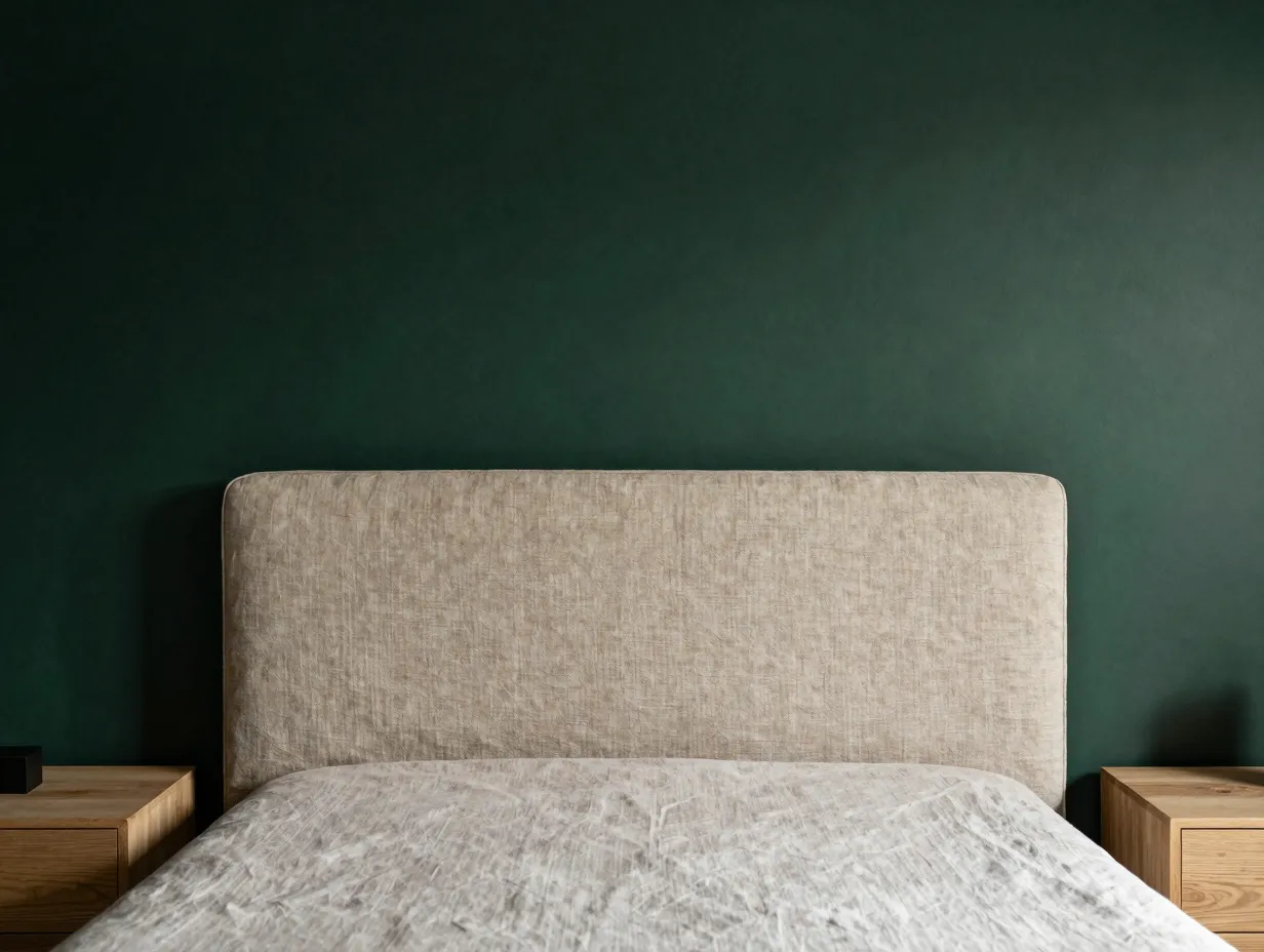 The headboard accent wall jewel tones that anchor the room