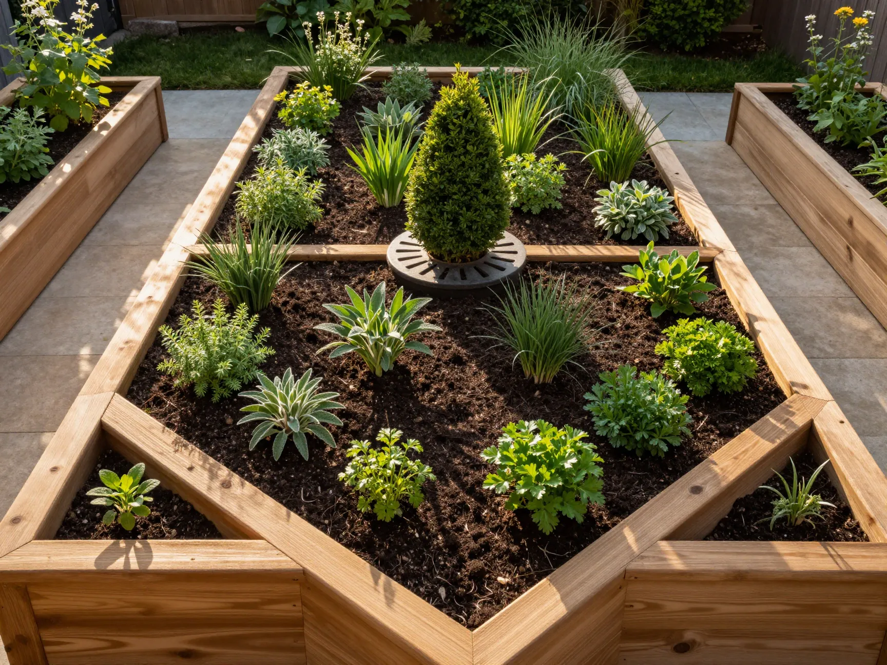 Raised beds and formal herb layouts