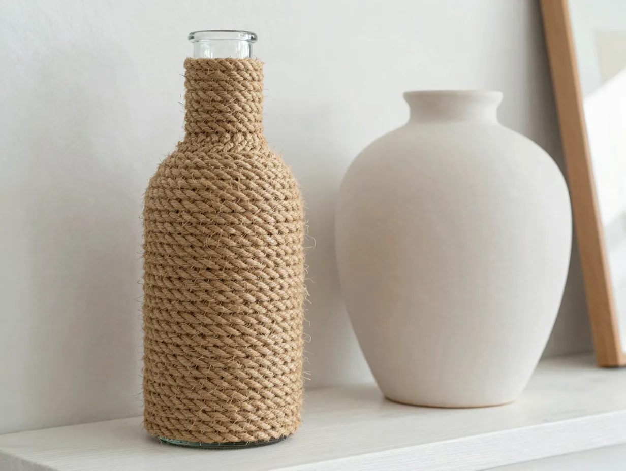 Rope wrapped rustic glass bottle vase