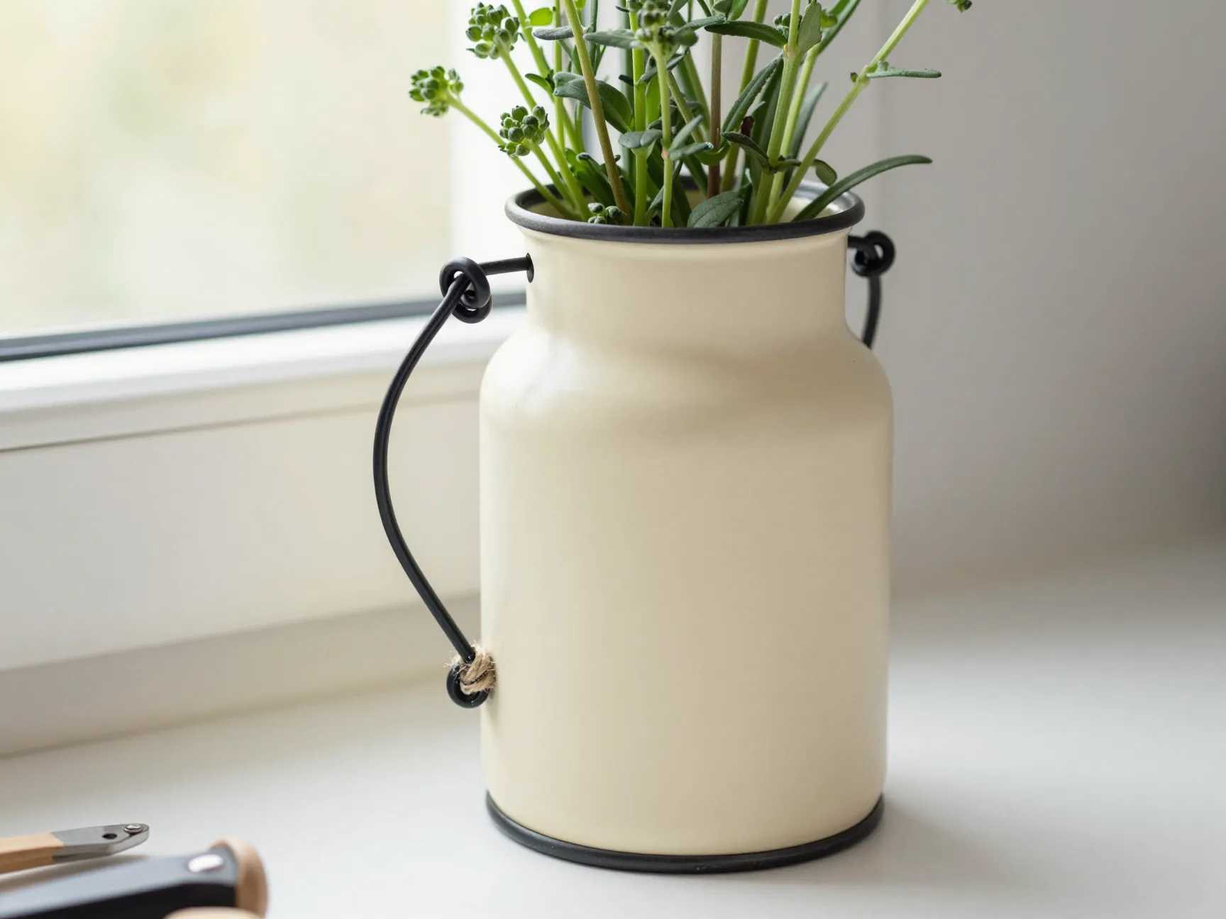 Tin can mug vase with wire handle