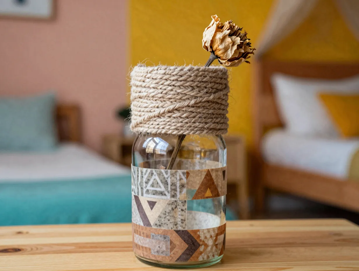 Yarn and mixed material upcycled jar vase