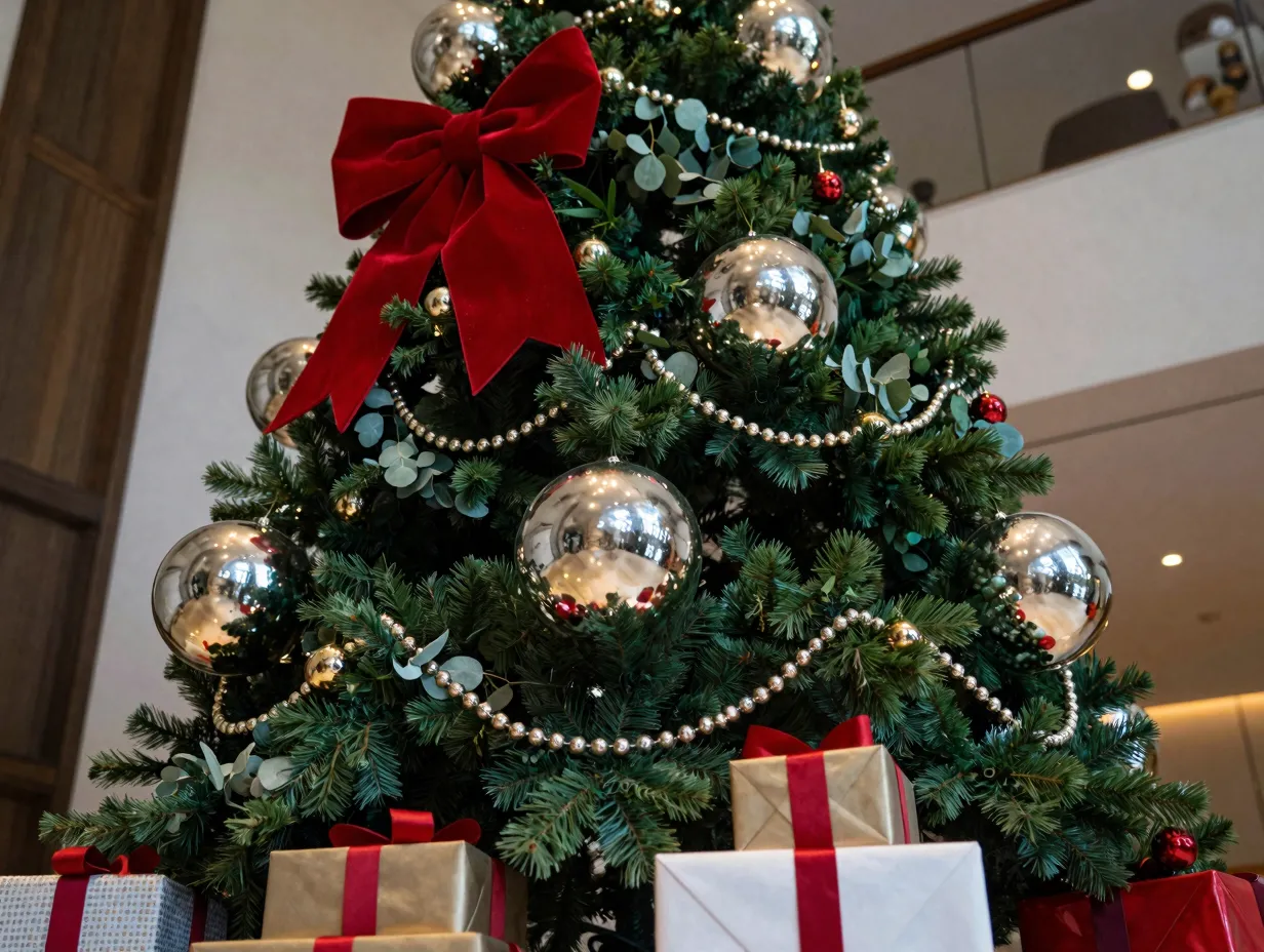 Embrace more is more with oversized ornaments giant bows and maximal snowy layers