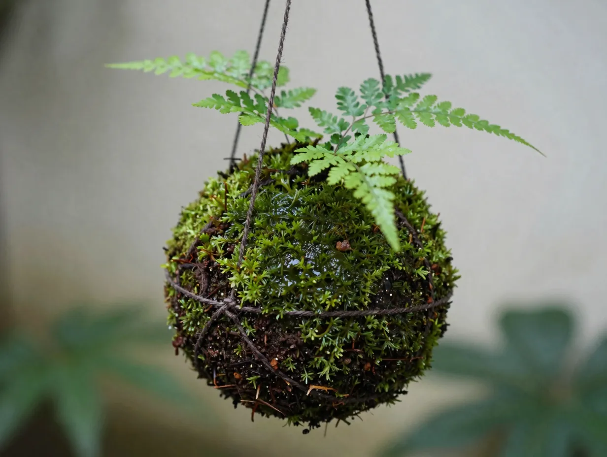Hanging kokedama moss balls