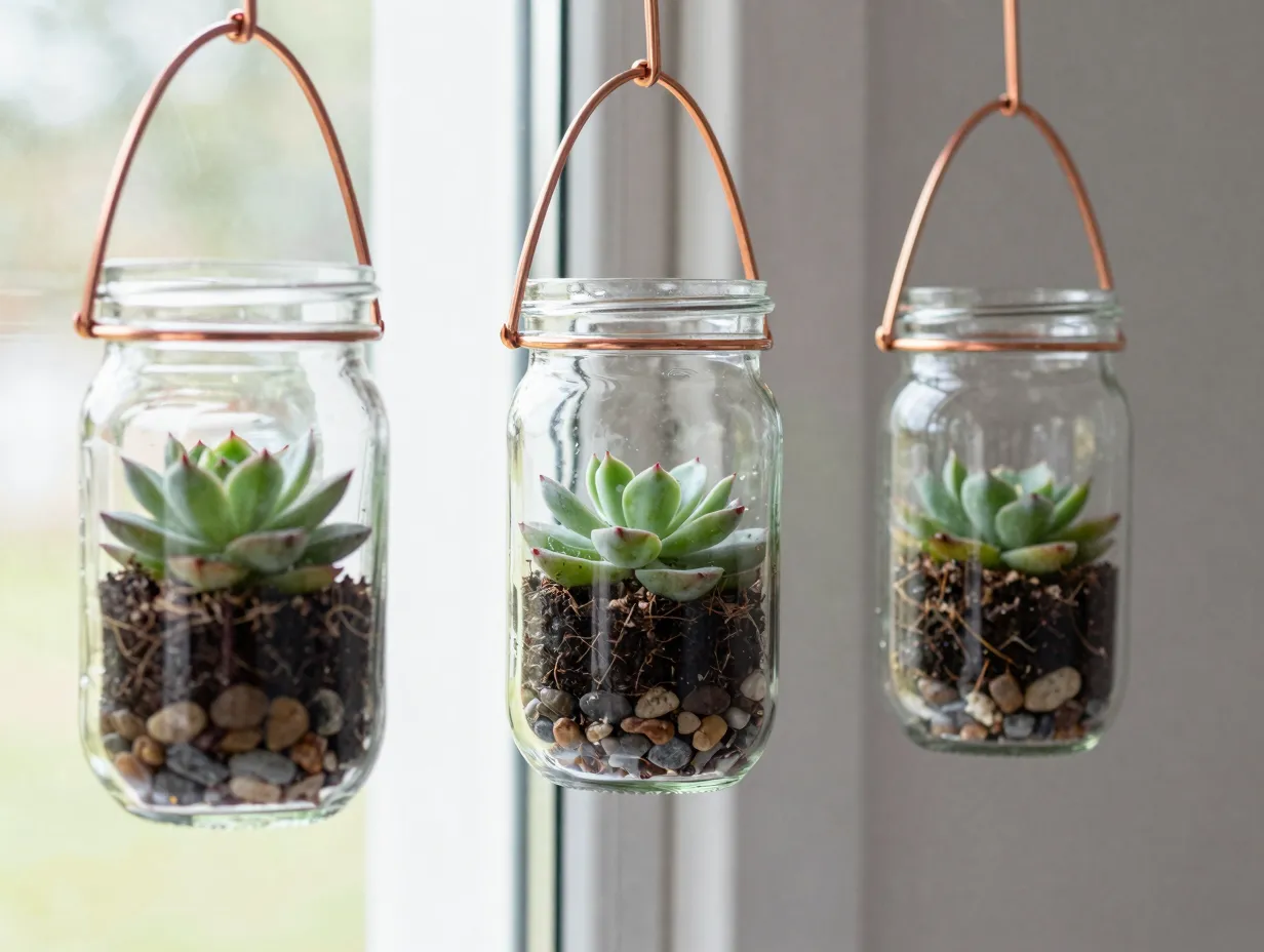 Recycled glass jar hanging planters