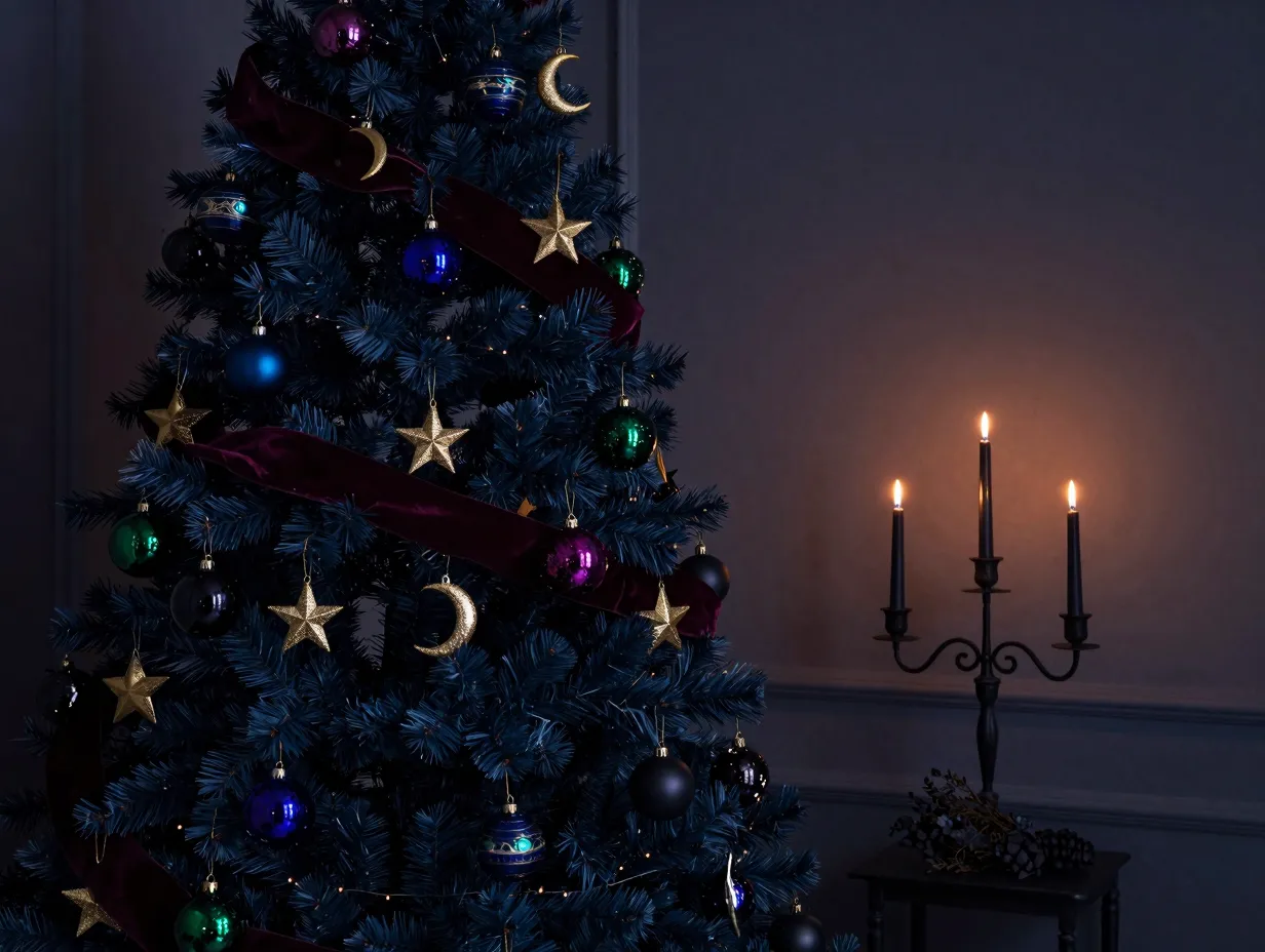 Add drama with gothmas and jewel tone night sky elements for a dark winter wonderland
