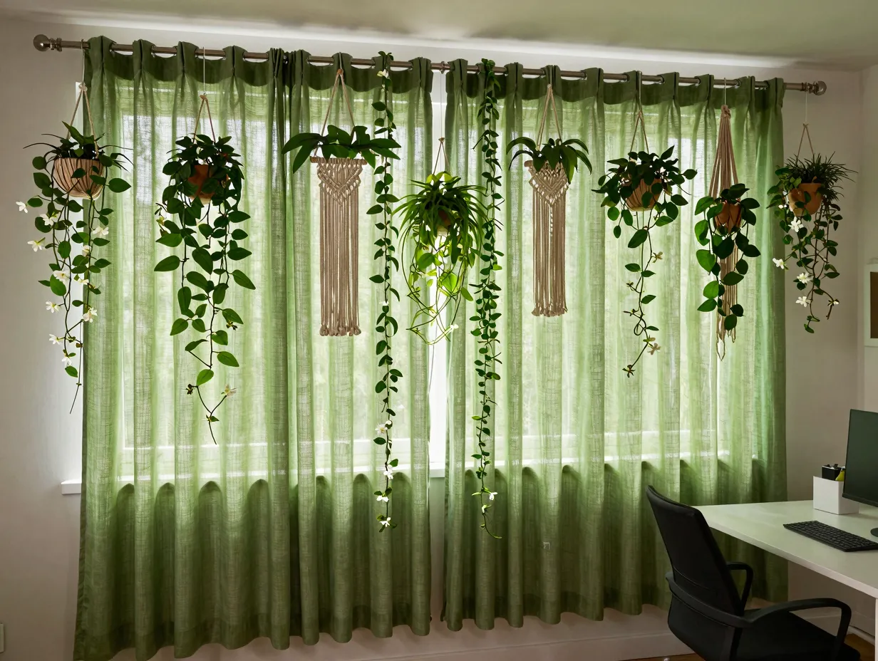 Living curtain of hanging plants