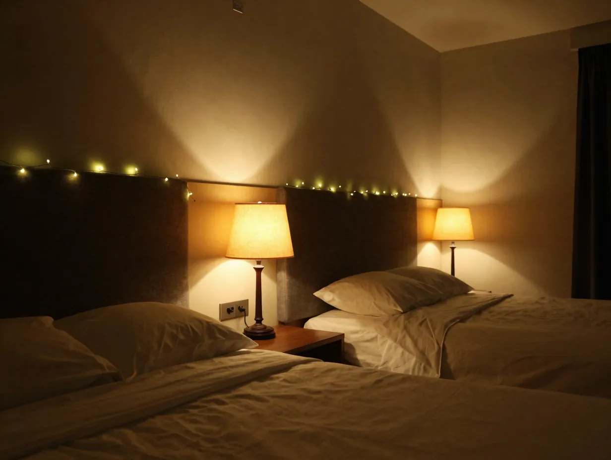 Use warm layered lighting to soften the space
