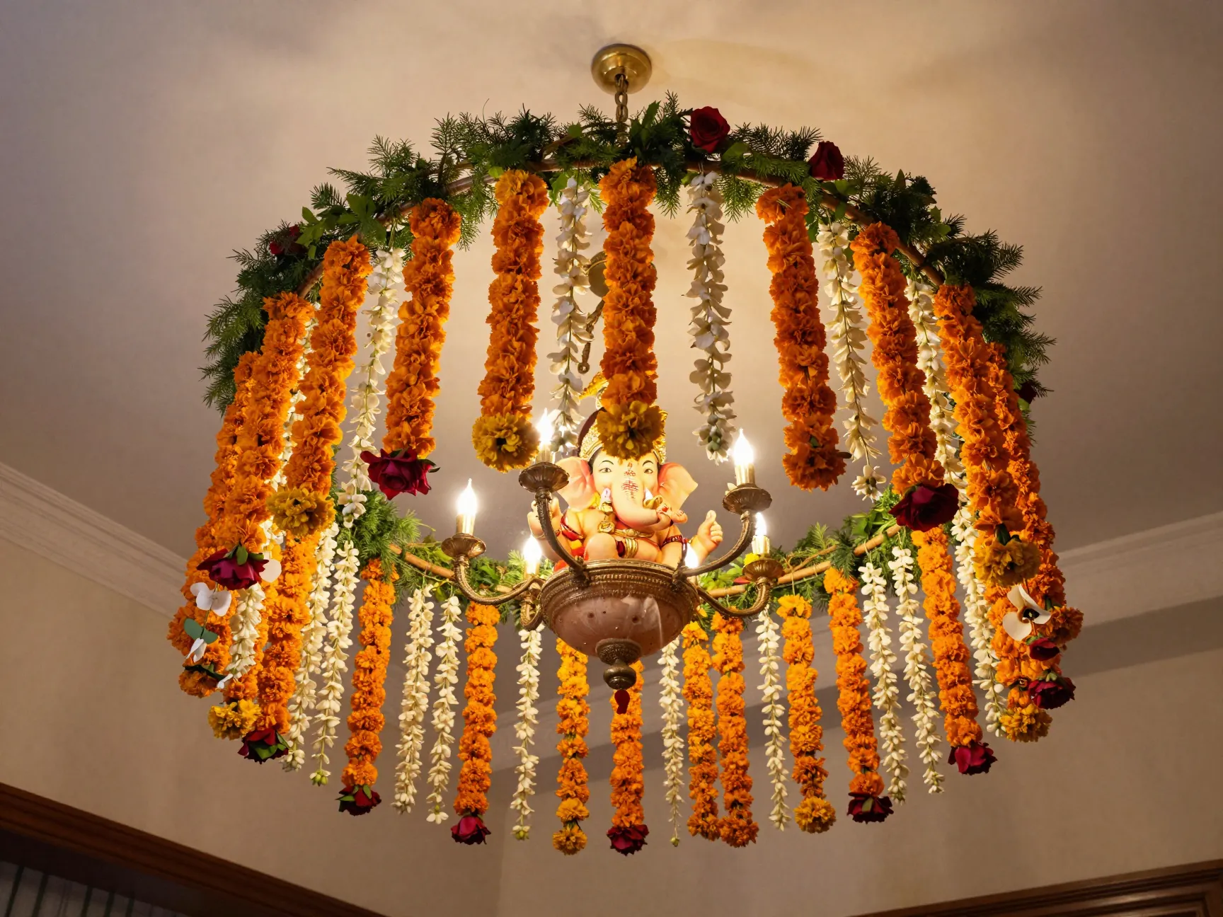 Floral chandelier over the mandap