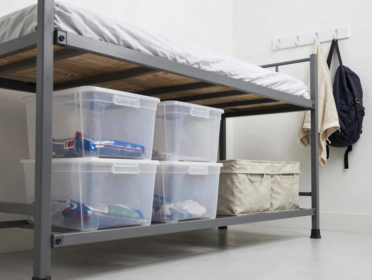 Use under bed storage and command hook systems for hidden high capacity organization