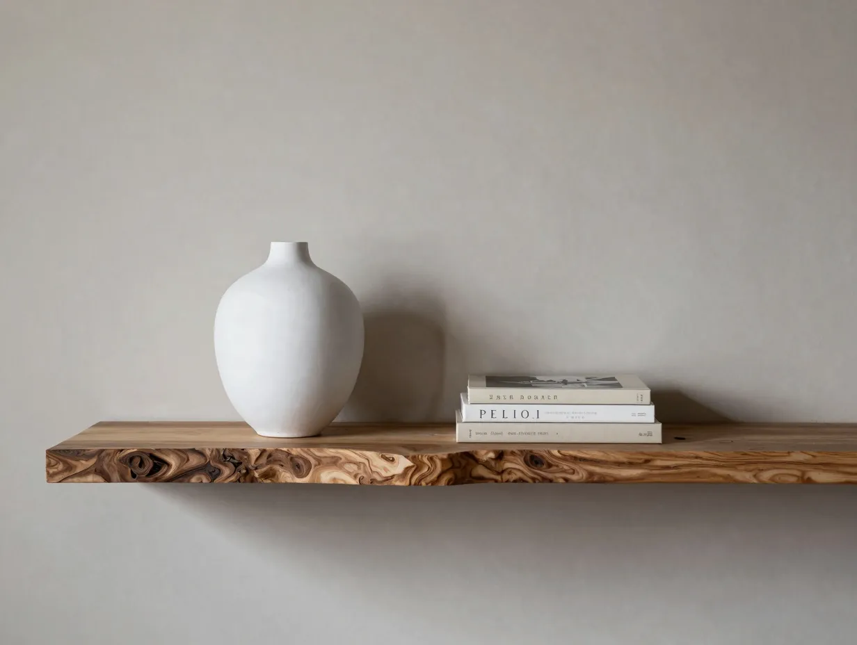 Feature live edge reclaimed or epoxy accented shelves as art pieces