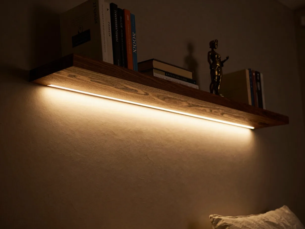 Integrate warm led lighting beneath or within shelves