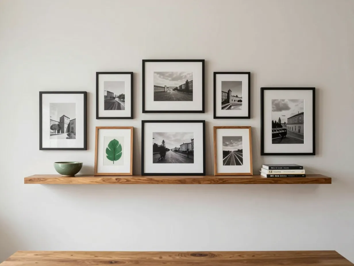 Create a hybrid gallery wall and shelf system