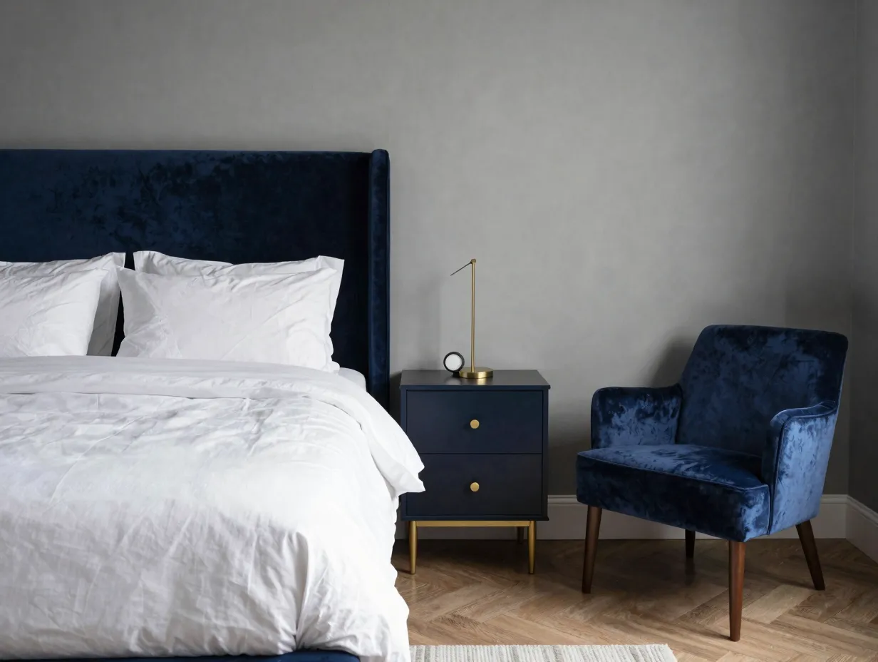 Layer grey with navy or deep blue for a bold sophisticated look