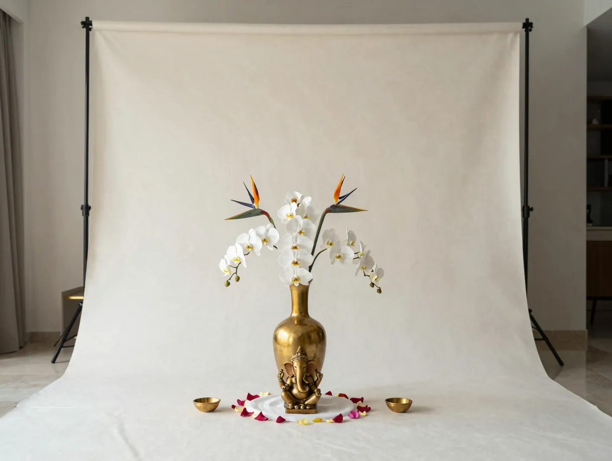 Minimalist neutral mandap with one statement arrangement