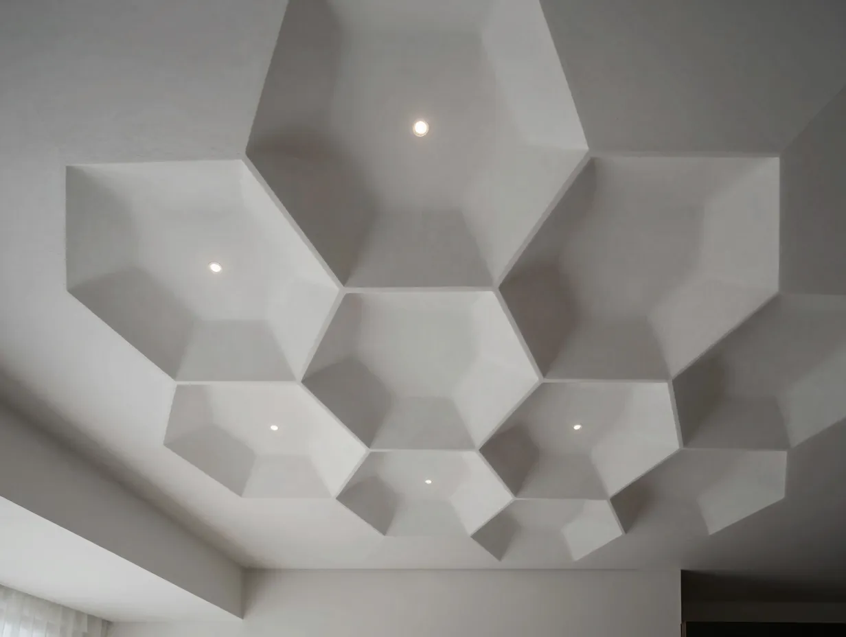 The geometric layered ceiling with recessed panels