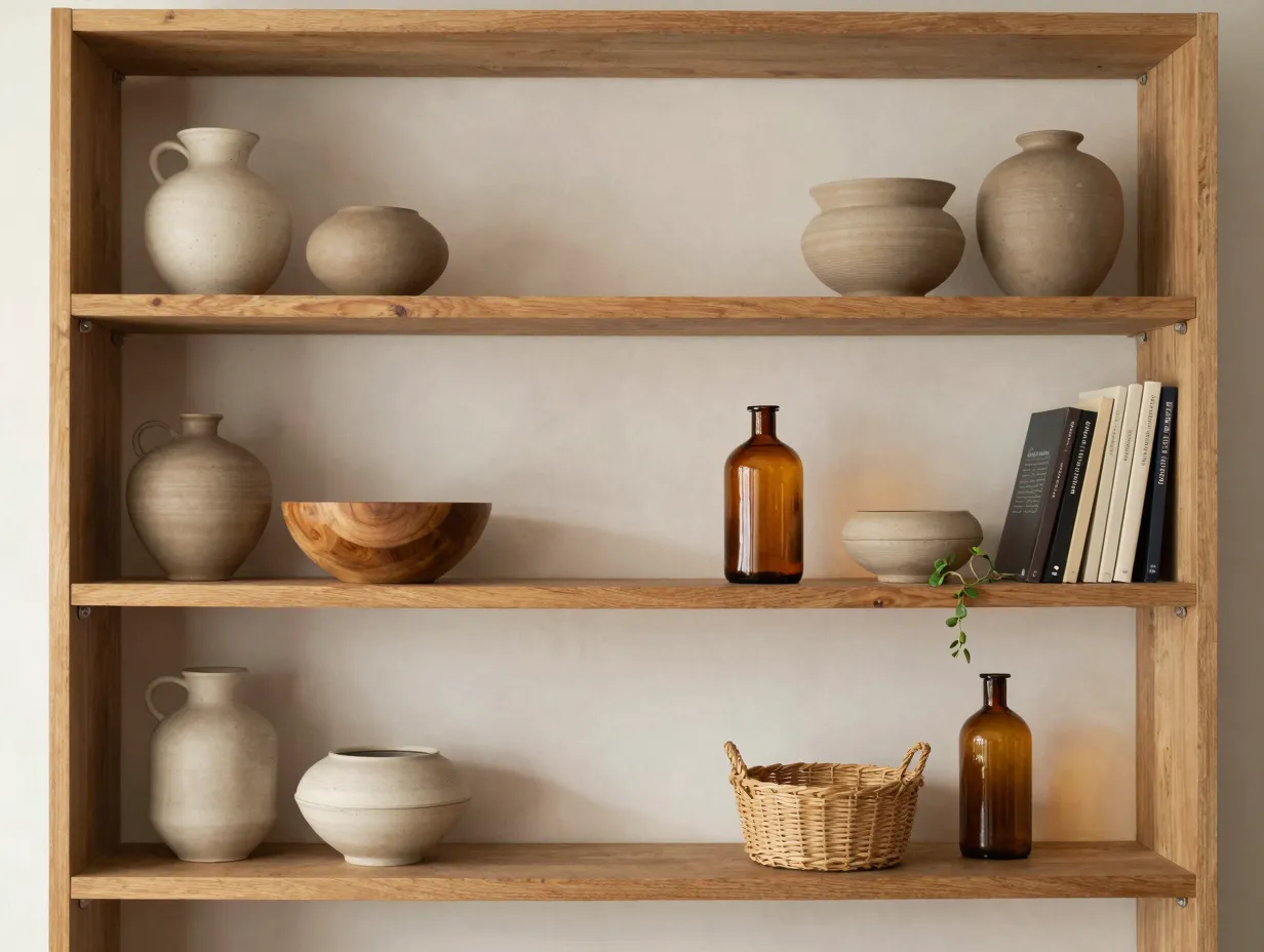 Curate open shelving with intentional earthy objects