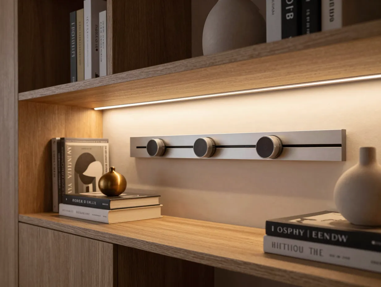 Linear led panel strips along shelving and media units