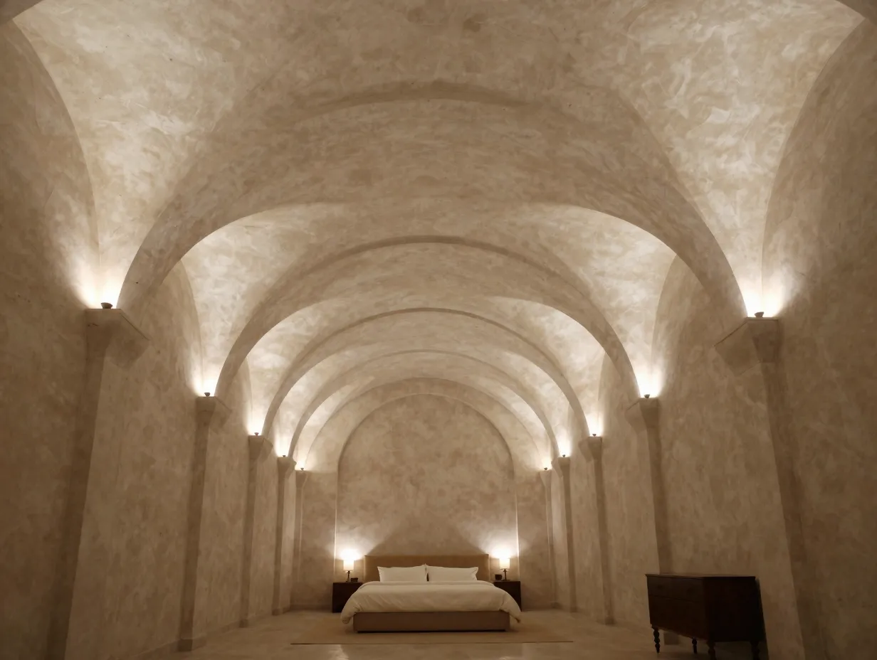 The double height vaulted pop ceiling with exposed arch details