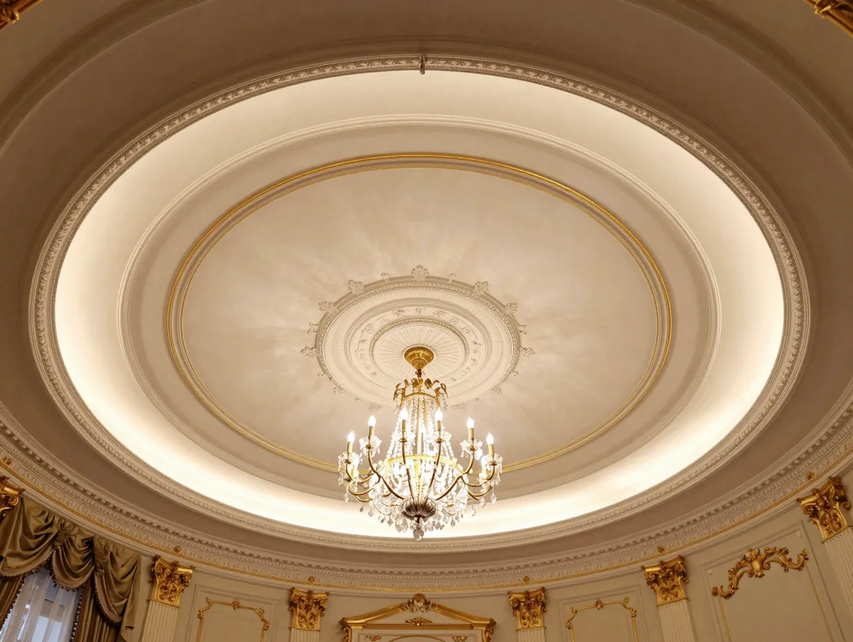 The multi tiered crown molding ceiling with central medallion