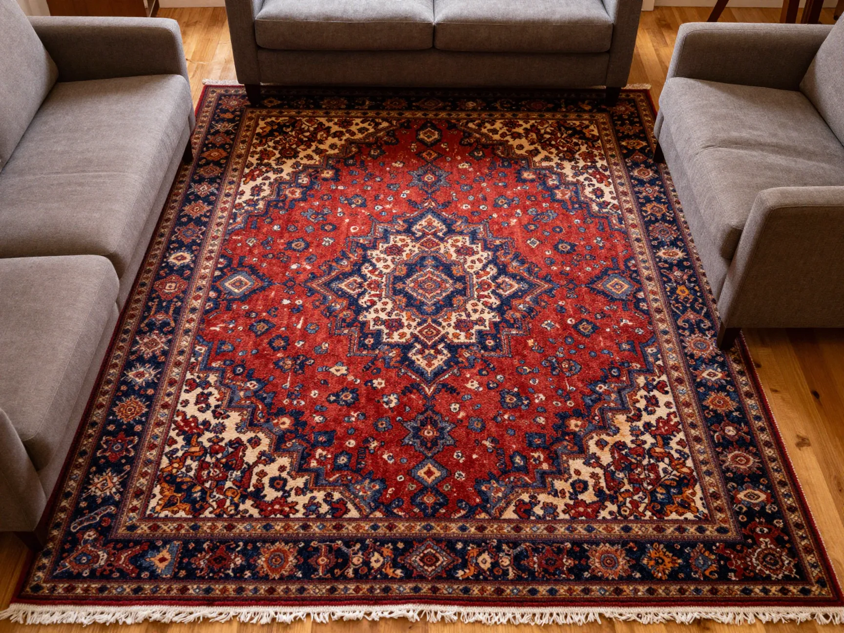 Anchor the room with one quality rug