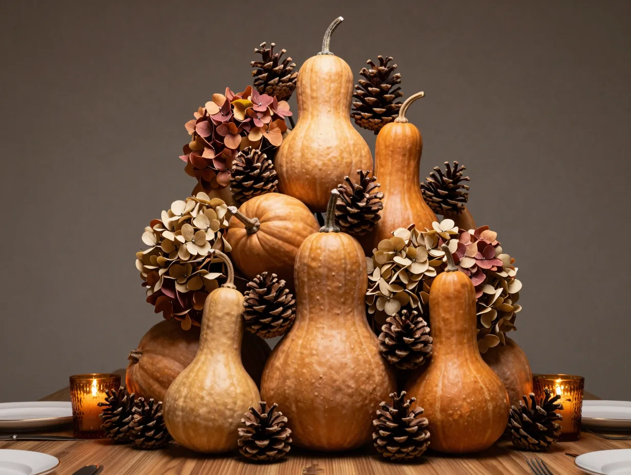 Gourd pinecone and hydrangea arrangement