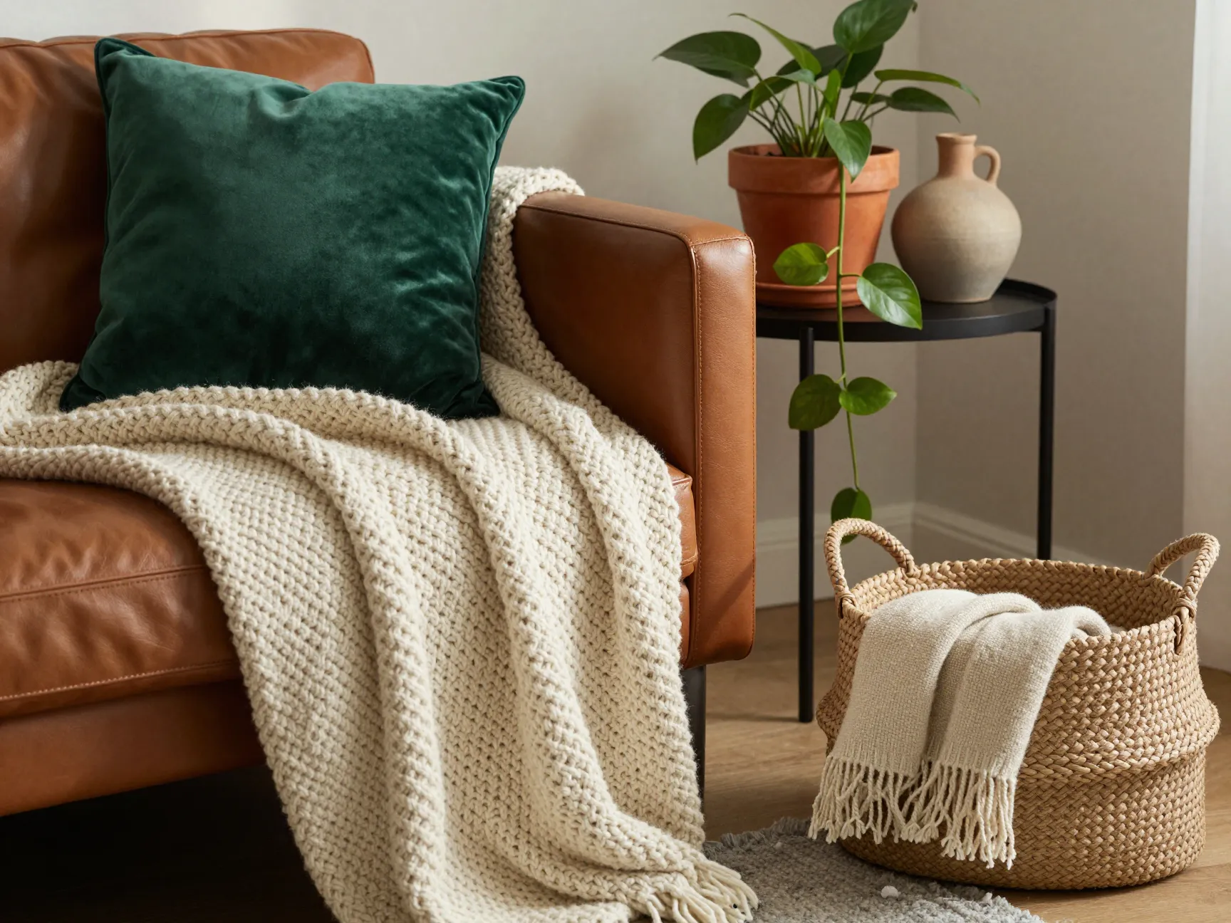 Add texture and life with plants and layered textiles