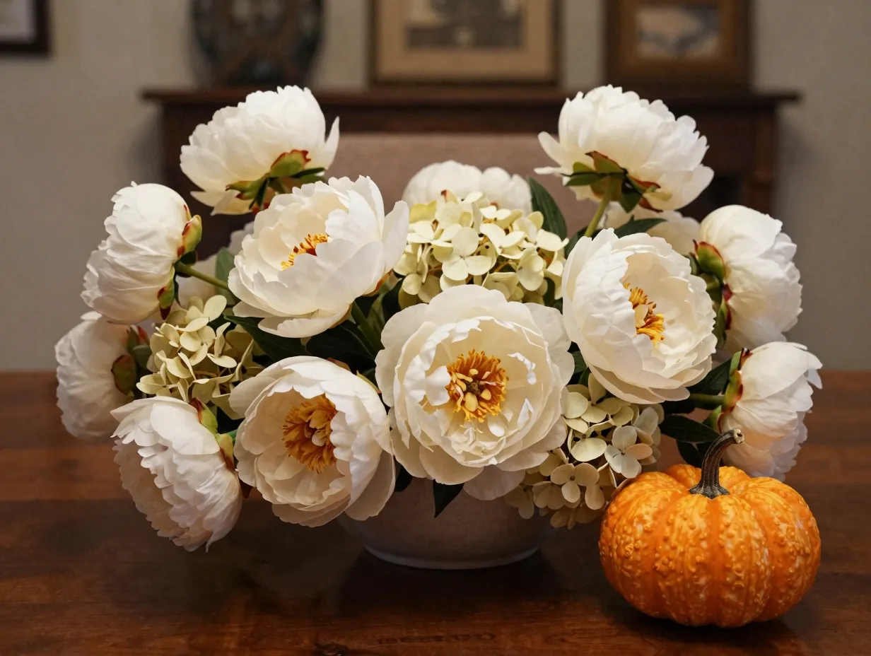 Peony hydrangea and pumpkin arrangement