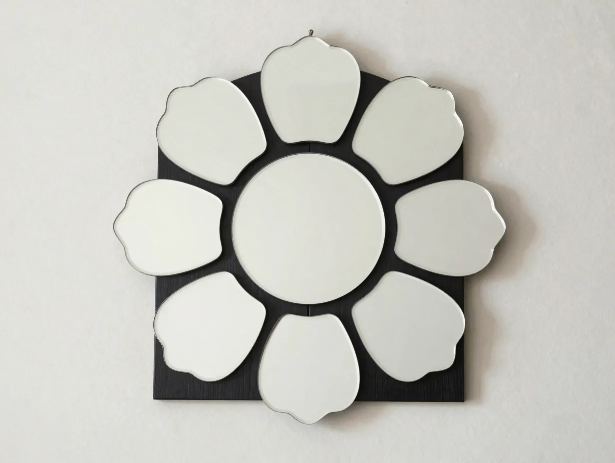 Acrylic petal mirror set with black pine wood base