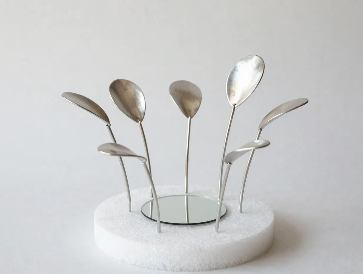 Aluminum wire petal mirror set on foam disc base
