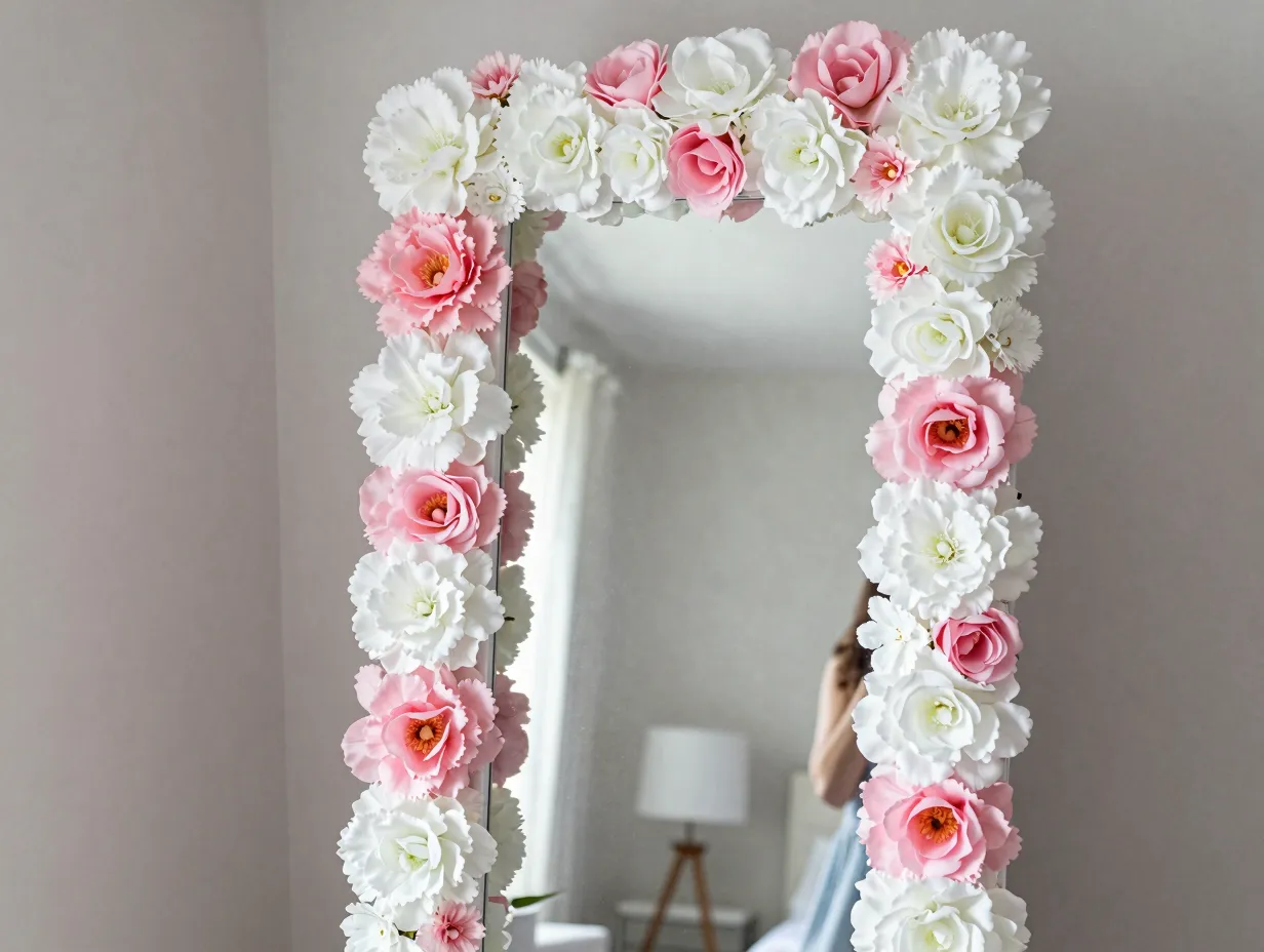 Silk flower frame mirror for full length glamour