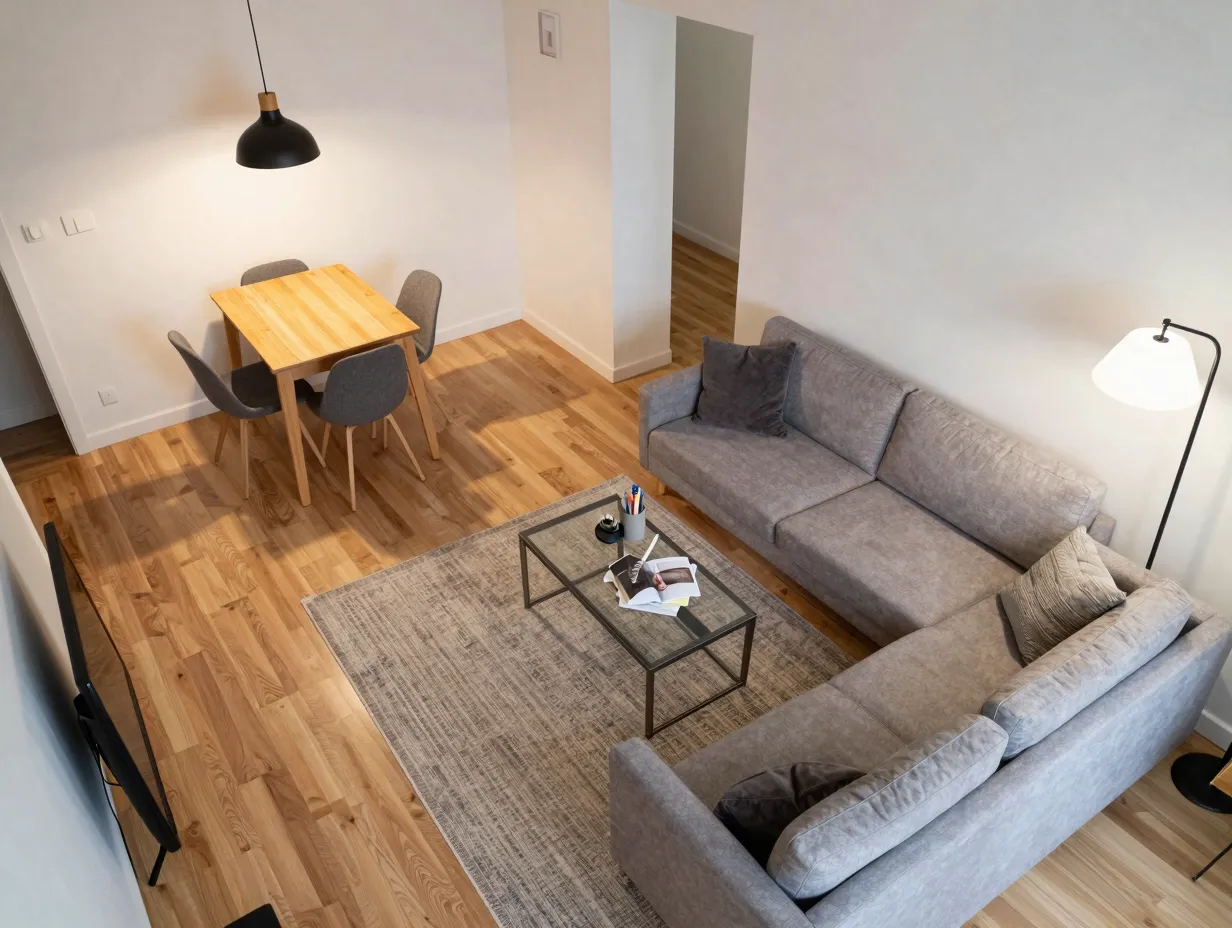Create functional zones with rugs and lighting