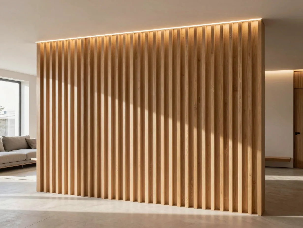 Floor to ceiling slatted feature walls