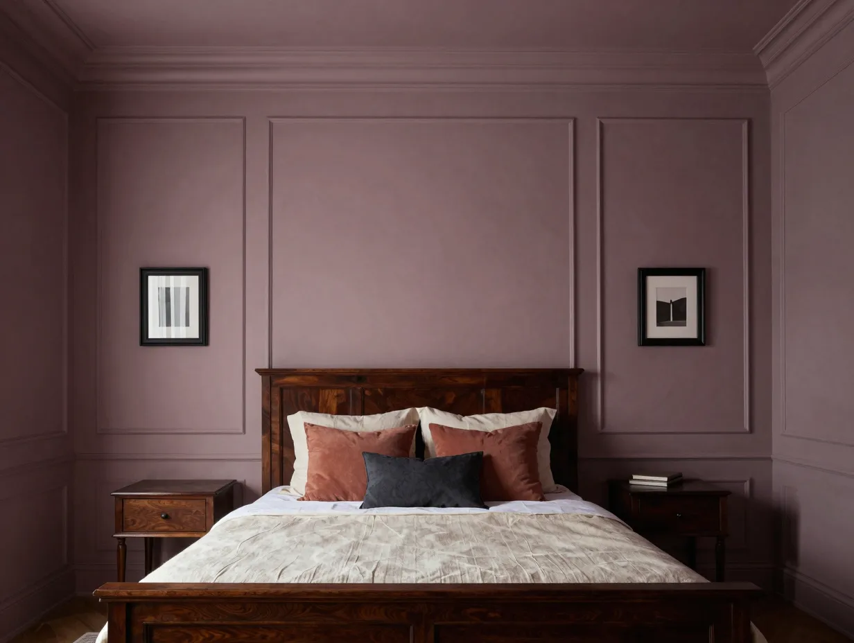 Muted mauve with wall paneling and dark wood
