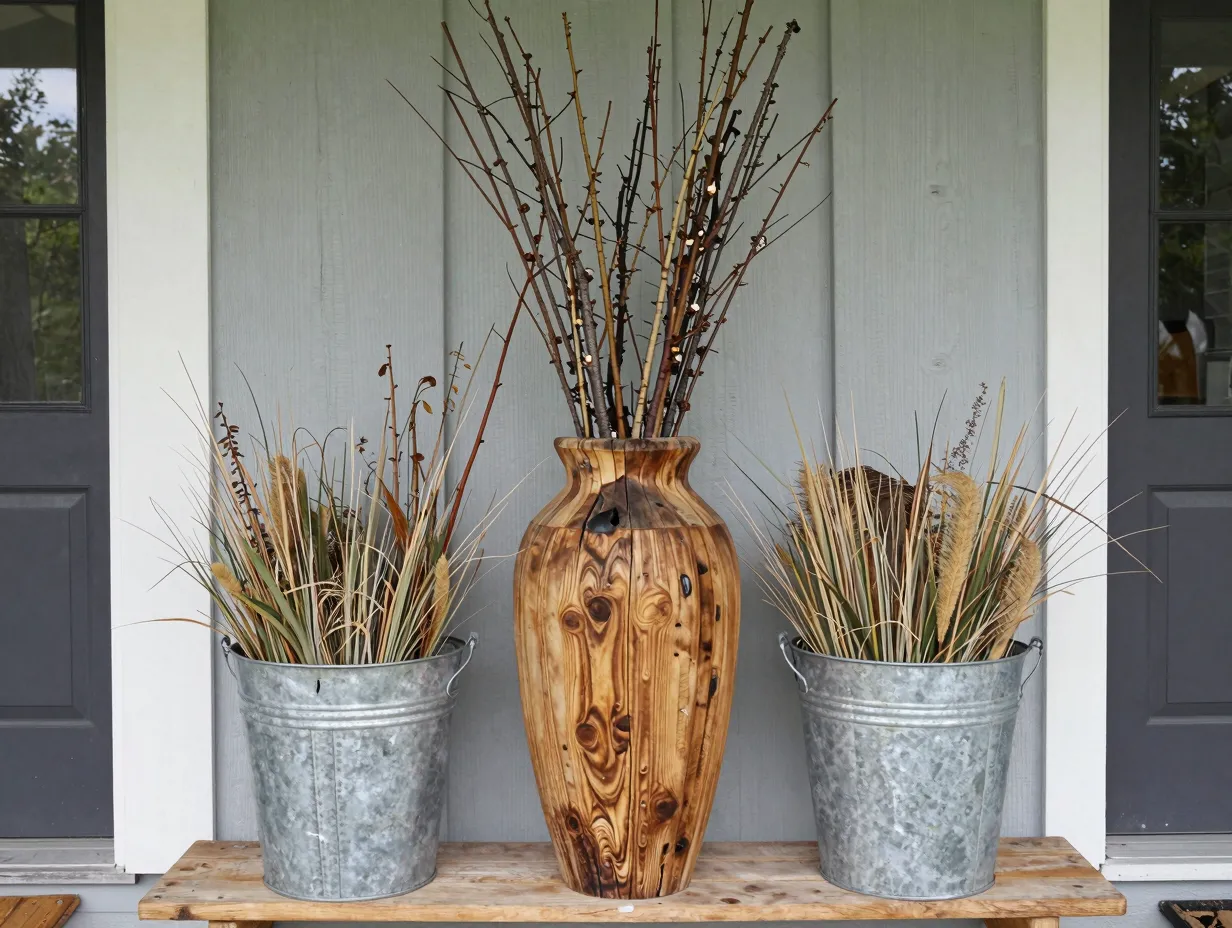 Weathered wood and galvanized metal containers