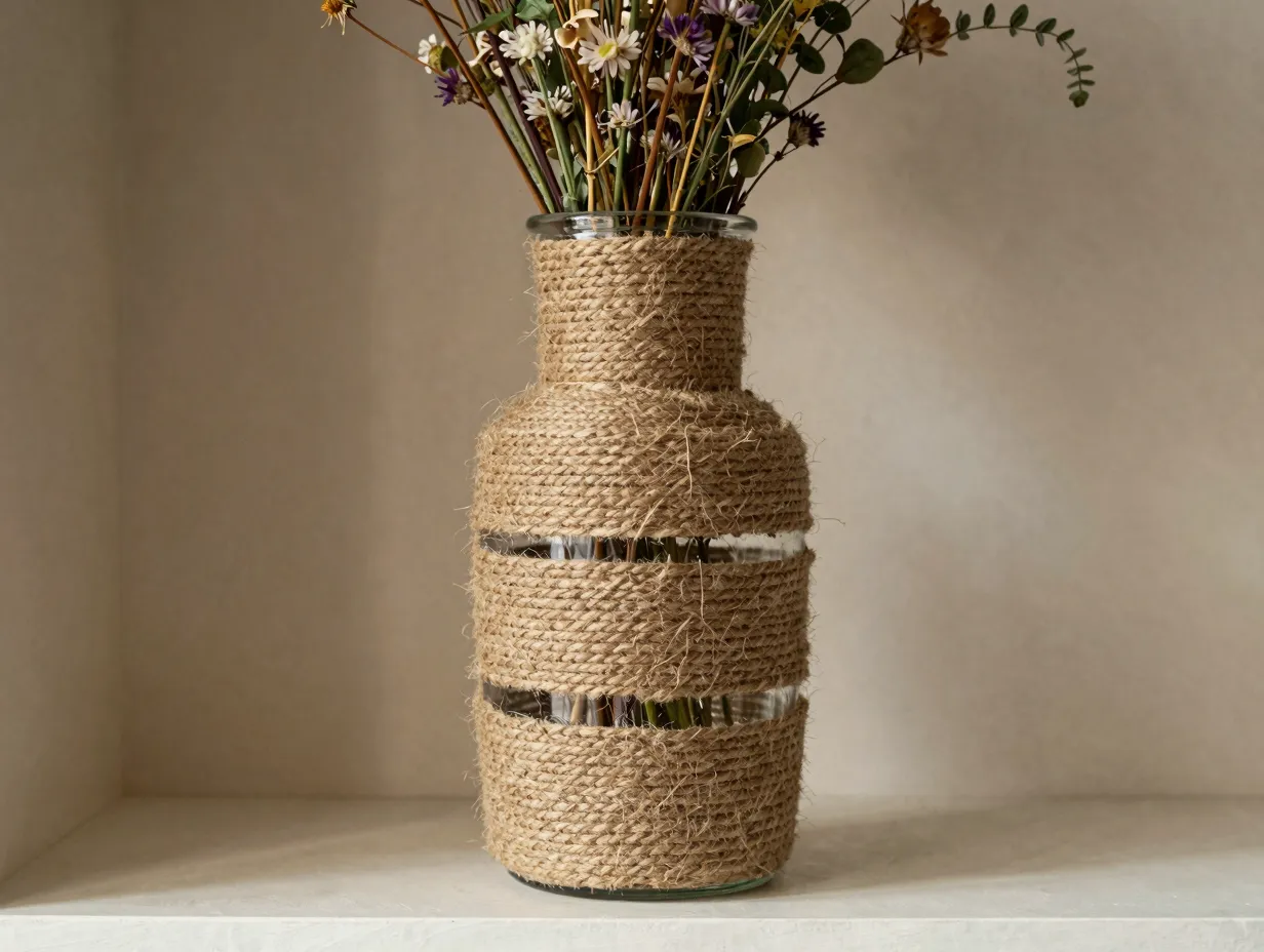 Burlap wrapped and rope wrapped glass vases