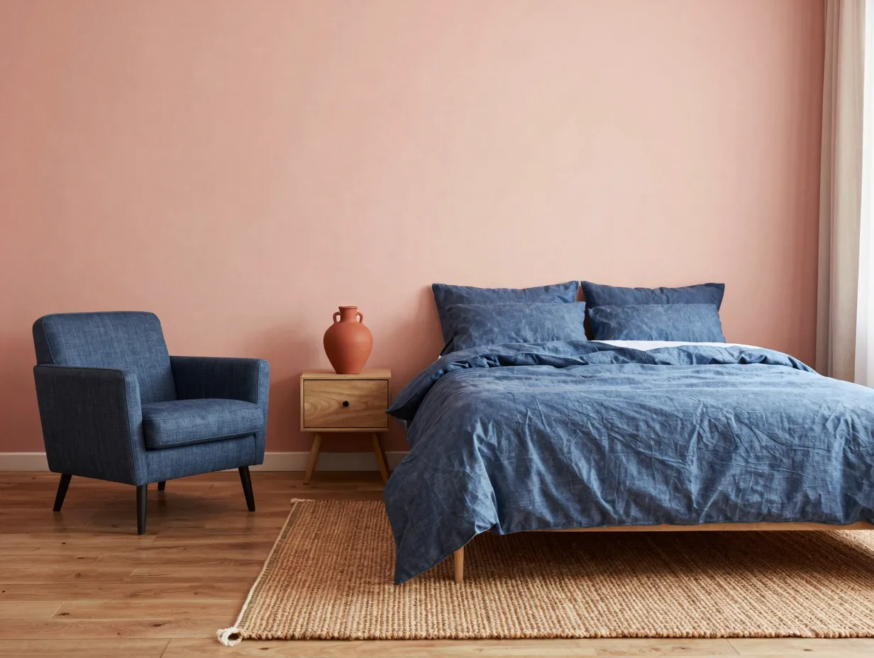 Peachy pink with denim blue and terracotta