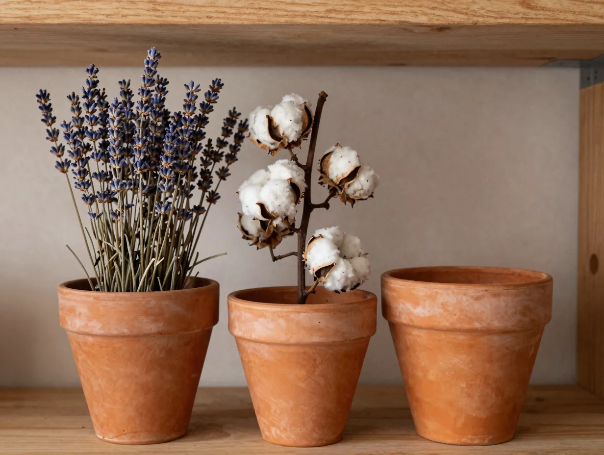 Terracotta pots with dried botanicals