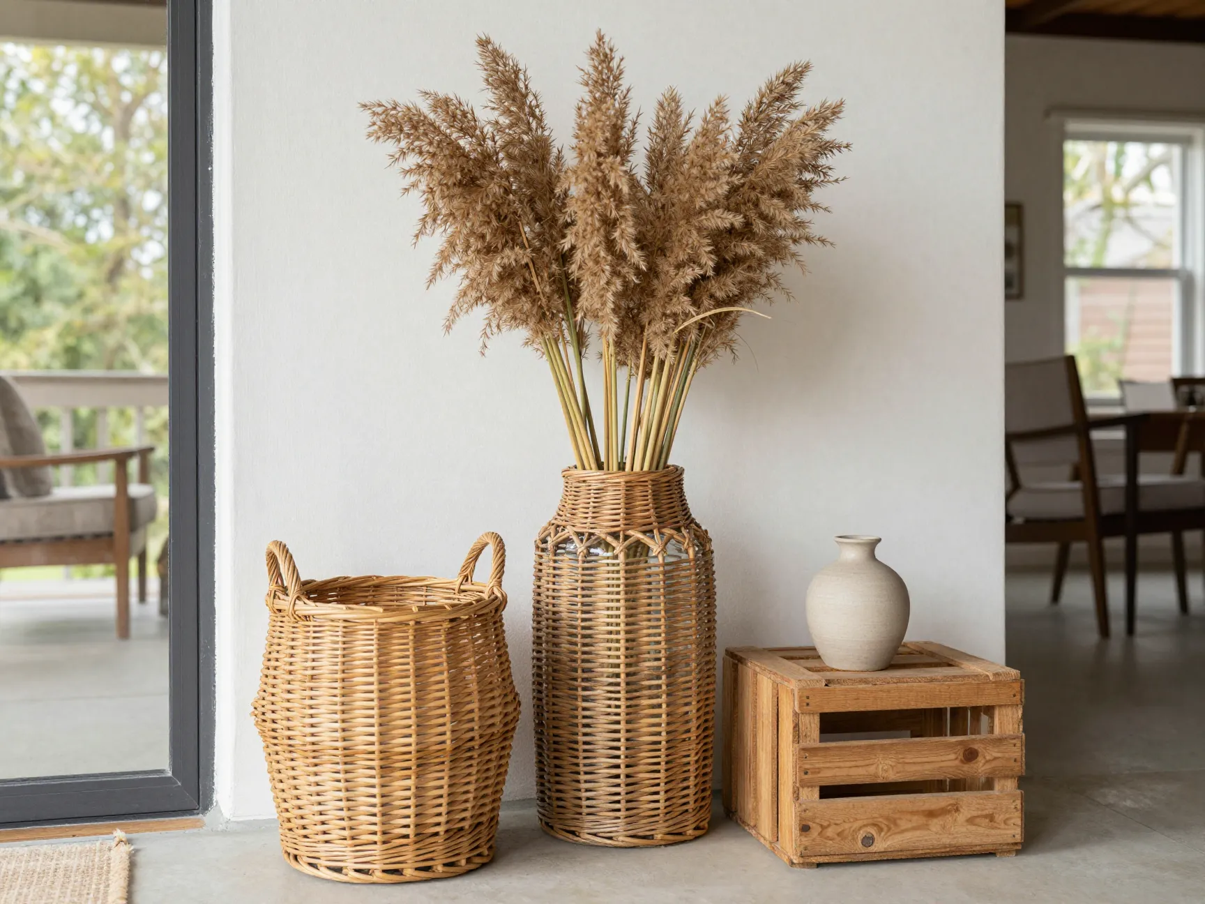 Wicker basket vases and crate displays