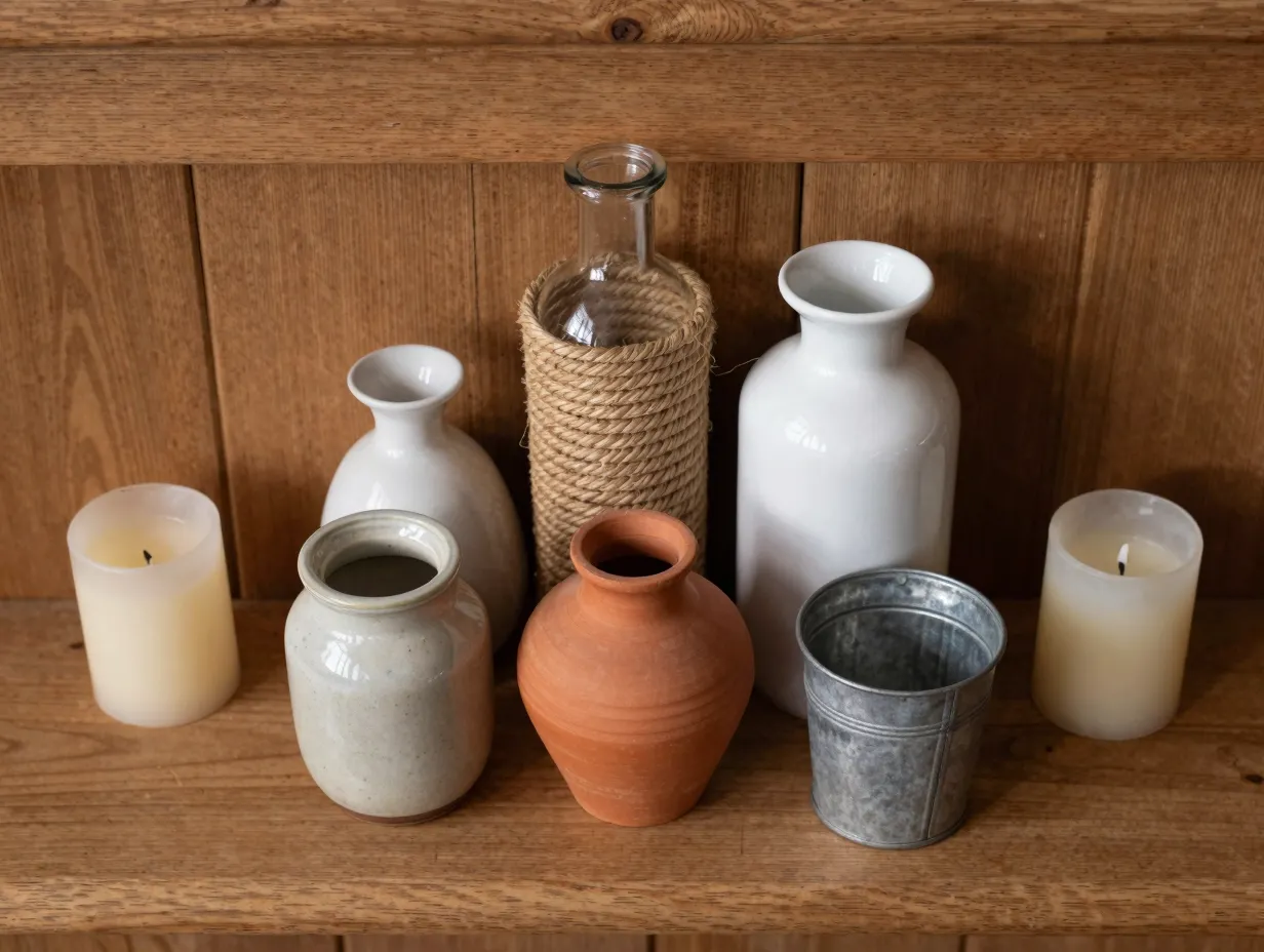 Grouped bud vase collections on mantels and shelves