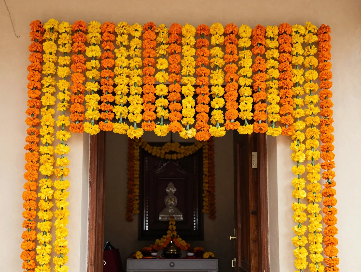 Marigold garlands and torans at the entrance