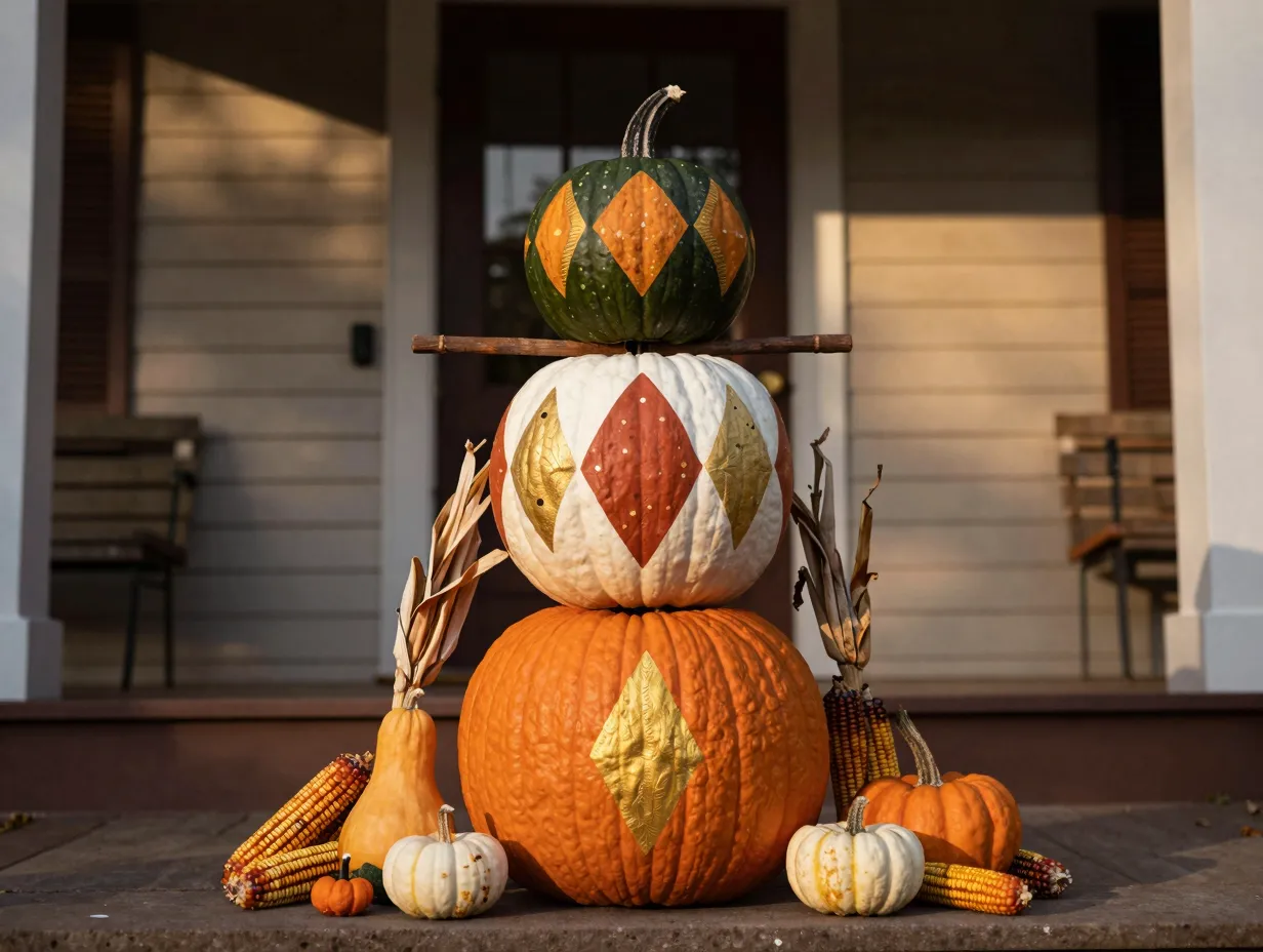 Create a diorama or sculptural scene using multiple pumpkins