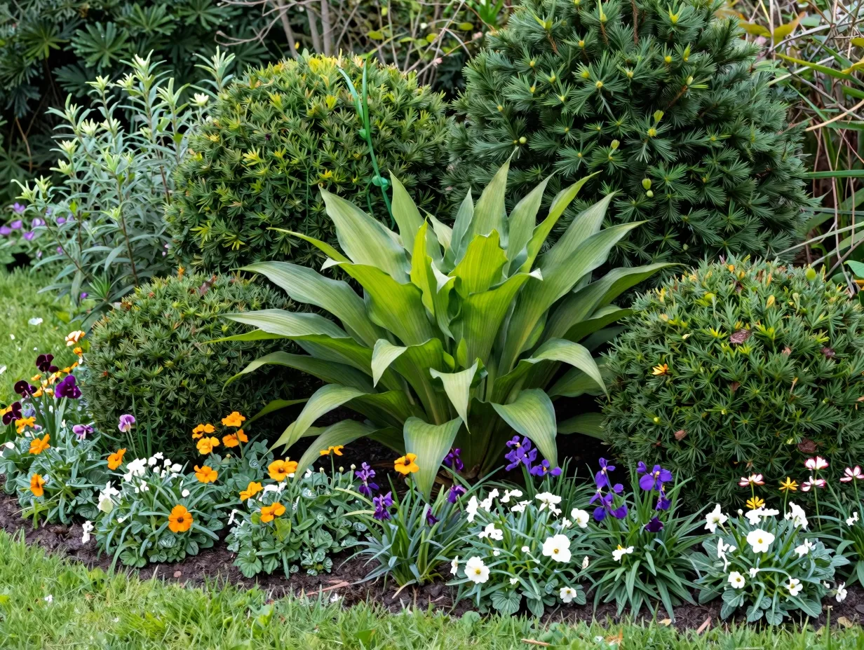 Design with evergreen structure and seasonal accents