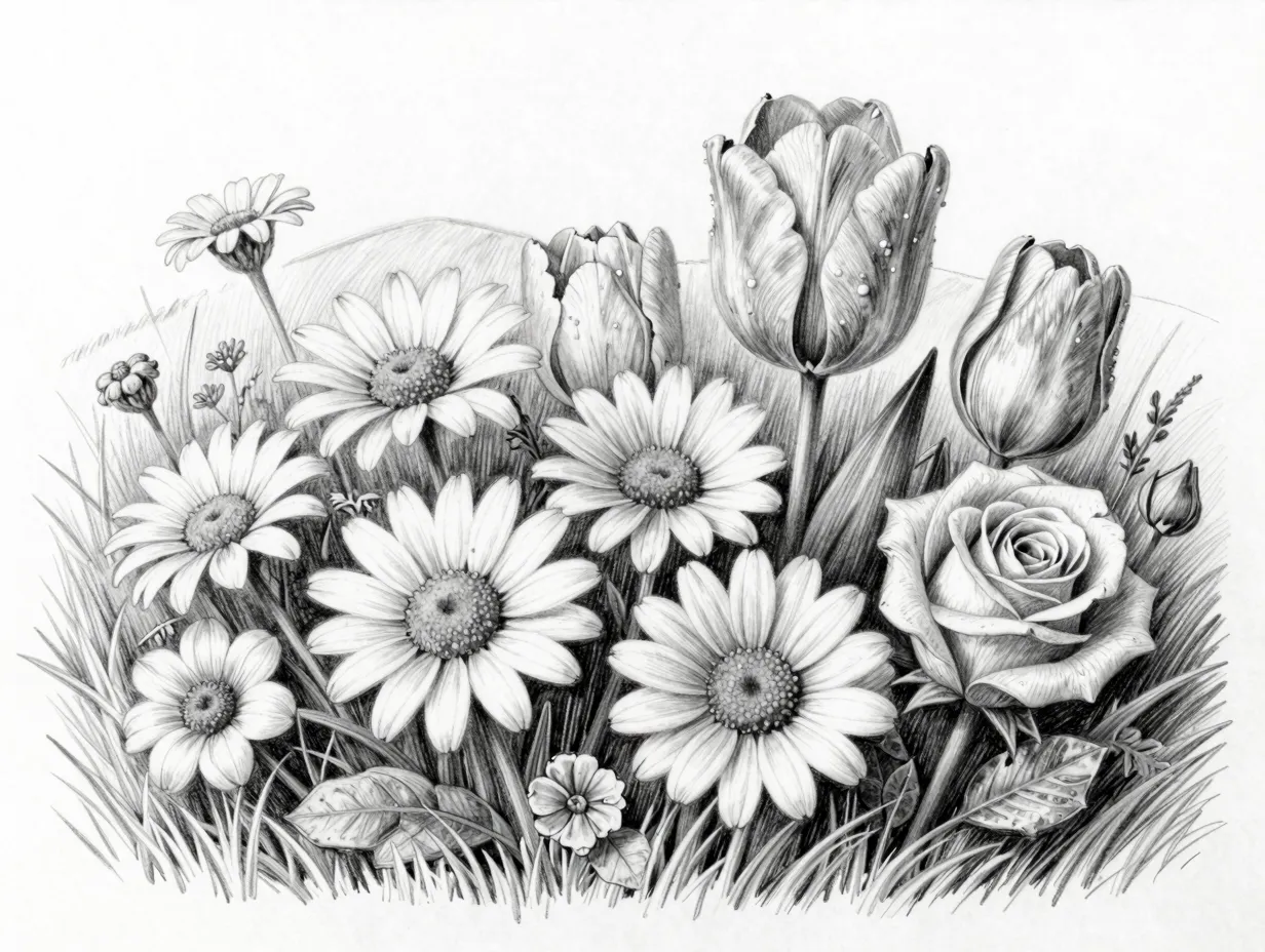 Refine petal shapes and add foreground foliage